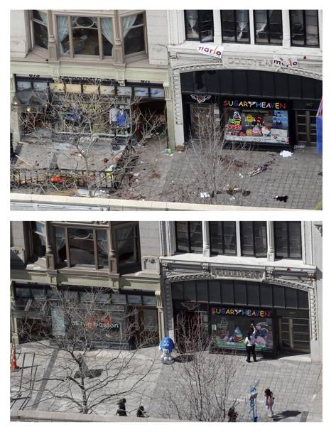In questa ricostruzione fotografica, i luoghi dell&#39;attentato in cui rimasero uccise tre persone, fotografate un anno fa e immortalate di nuovo oggi 
